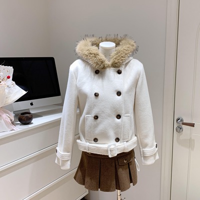 AFFFREEDOM毛领双排扣短款毛呢羊毛大衣连帽外套女收腰秋冬加厚