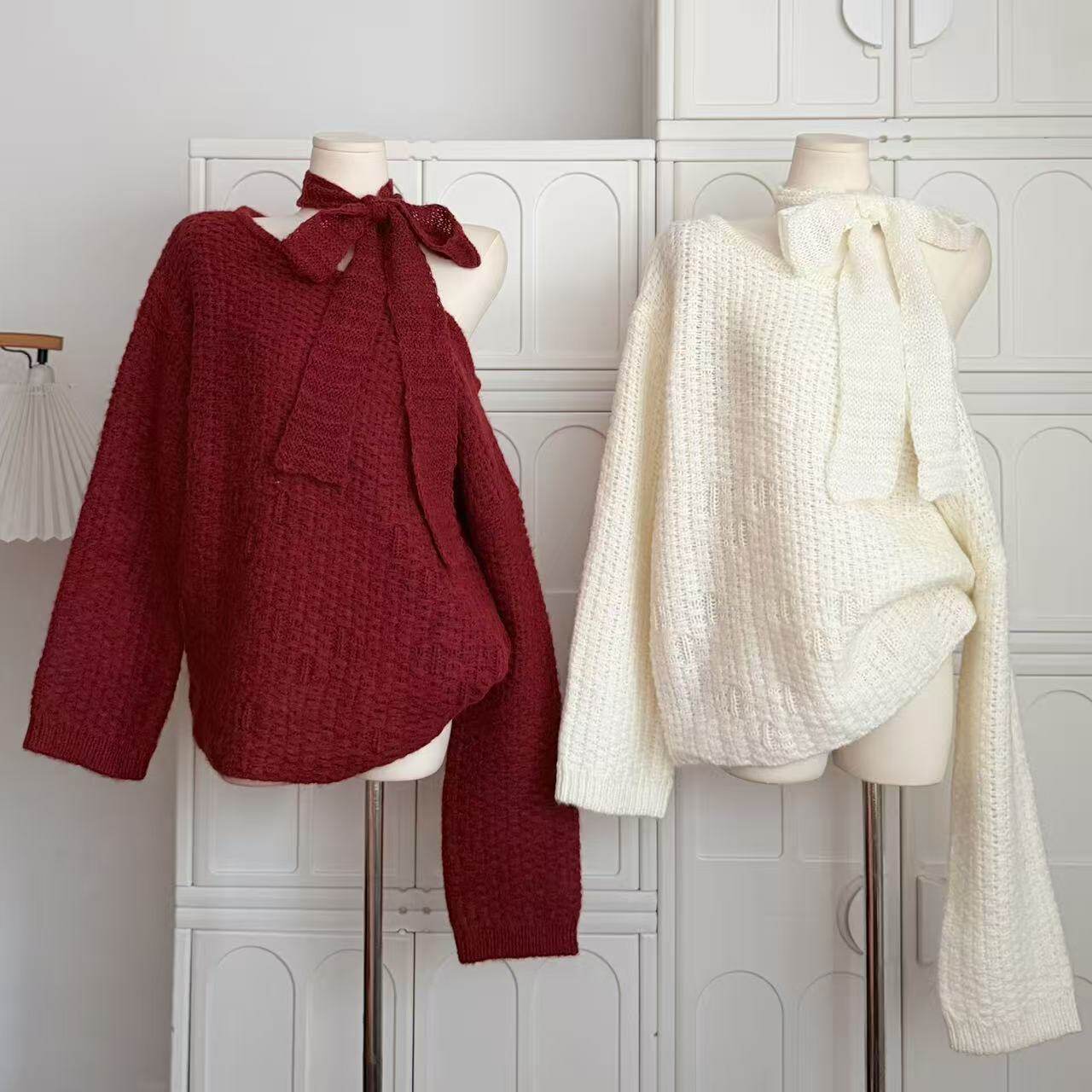 迟伞伞25/fw 云感包围 圣诞氛围感系带斜肩针织衫两色入针织