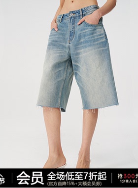 JCAESAR JHORTS 水洗毛边牛仔七分裤女 脚口做旧多道水洗自然落色