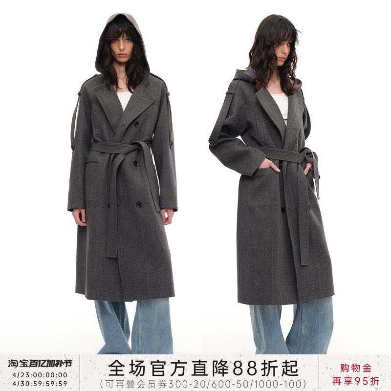 JCAESAR WOMEN 连帽双排扣人字纹风衣 系带设计 H型中长款外套