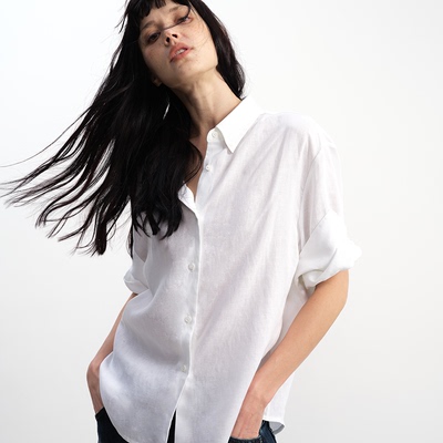 JCAESAR WOMEN 天丝亚麻卷边短袖衬衫 肌理质感 宽松慵懒白衬衣
