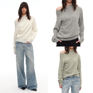 一字肩针织衫 JCAESAR 美利奴羊毛混纺 坑条套头斜肩毛衣 WOMEN