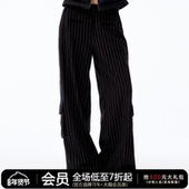 打褶微阔腿裤 JCAESAR 子 裤 口袋设计羊毛混纺 WOMEN 条纹毛呢工装