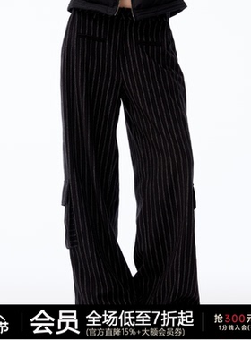 JCAESAR WOMEN 条纹毛呢工装裤 口袋设计羊毛混纺 打褶微阔腿裤子