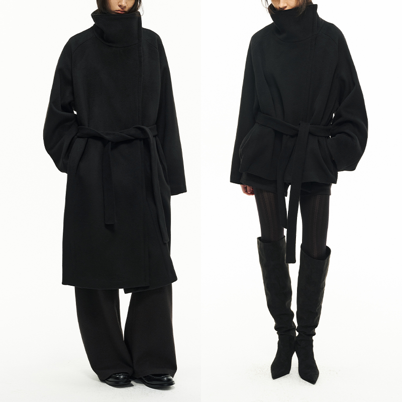 JCAESAR WOMEN 斜拉链系带中长款呢大衣 高克重澳毛 宽松羊毛外套