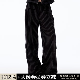 WOMEN 打褶微阔腿裤 条纹毛呢工装 口袋设计羊毛混纺 子 裤 JCAESAR