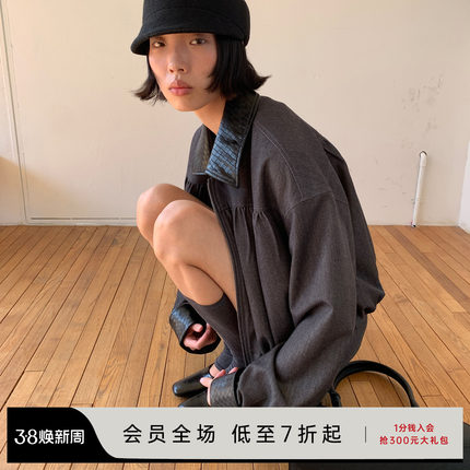 JCAESAR WOMEN 编织皮领短外套 抽褶花苞压纹拼接皮料 H型短宽