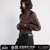 JCAESAR 型口袋抽褶皮夹克 宽版 WOMEN油蜡皮光泽质感短款 皮衣外套