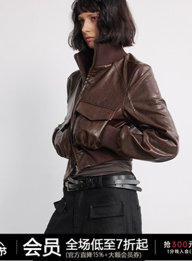 JCAESAR WOMEN油蜡皮光泽质感短款皮衣外套 宽版型口袋抽褶皮夹克
