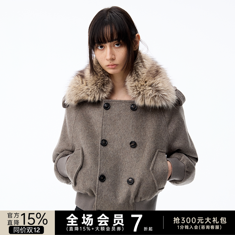 JCAESAR WOMEN 可拆卸毛领双排扣短款呢大衣 奥地利羊毛混纺外套