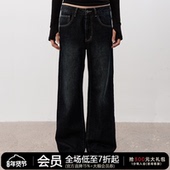 JCAESAR 定制压印皮牌 低腰低档设计 WOMEN 复古水洗黑直筒牛仔裤