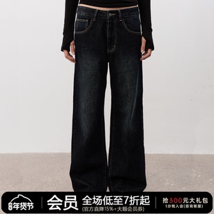 JCAESAR WOMEN 复古水洗黑直筒牛仔裤 低腰低档设计 定制压印皮牌