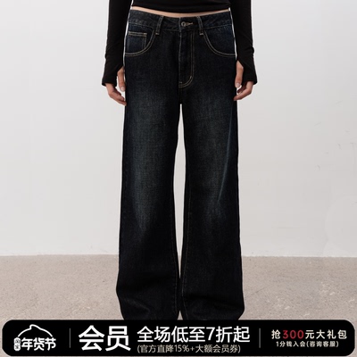 JCAESAR WOMEN 复古水洗黑直筒牛仔裤 低腰低档设计 定制压印皮牌