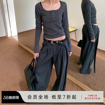 JCAESAR WOMEN 人字纹双褶长裤 垂感休闲 直筒阔腿 隐藏腰头扣