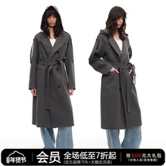 JCAESAR WOMEN 连帽双排扣人字纹风衣 系带设计 H型中长款外套