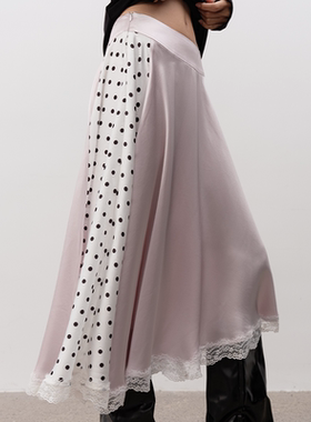 JCAESAR WOMEN 波点拼接蕾丝长裙 缎光面料 侧双拉链 可翻腰头