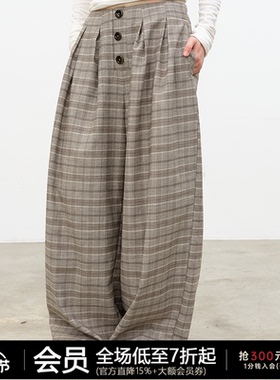JCAESAR WOMEN 格纹纽扣阔腿裤 亲肤毛呢面料 前门襟纽扣设计