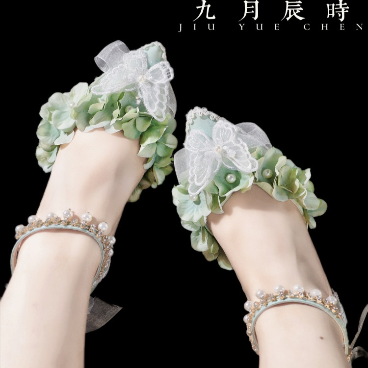 原创手作花嫁高跟鞋女生细跟蝴蝶结洛丽塔lo鞋成人礼凉鞋配裙