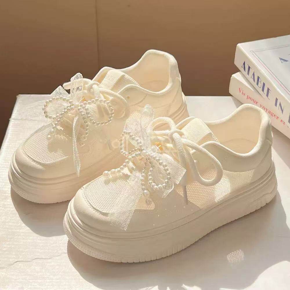 夏季新款珍珠蝴蝶结小白鞋女2026网面透气厚底休闲百搭配裙子板鞋