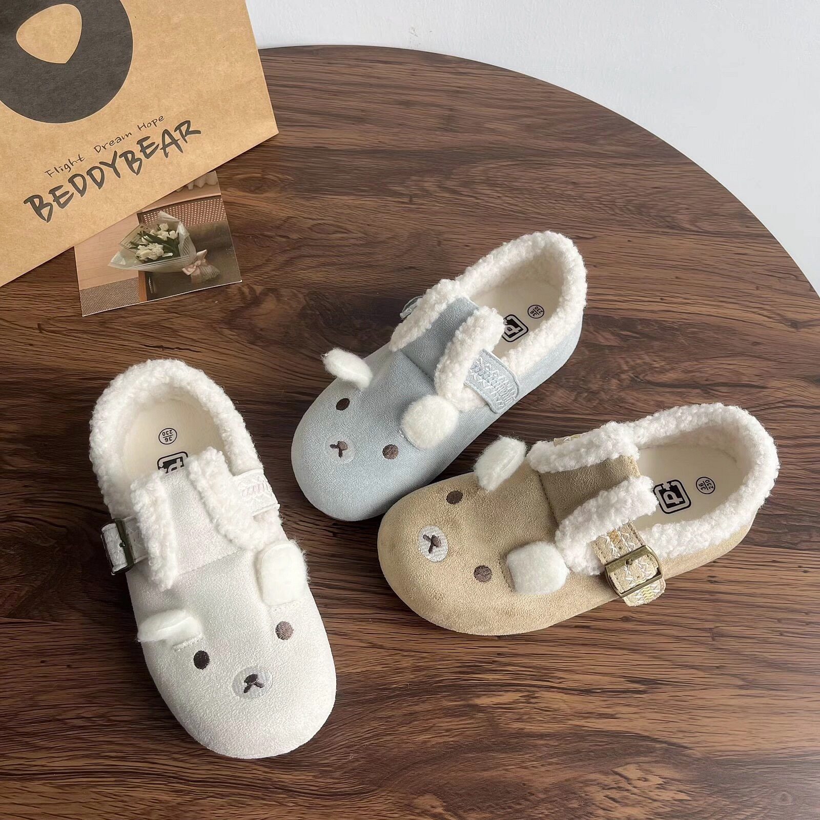 可爱小熊软萌加绒棉鞋女毛毛鞋2025年冬季新款平底保暖学生二棉鞋