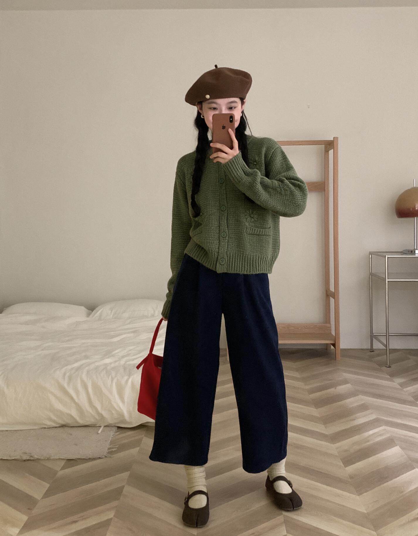 手工花开衫圆领纯色口袋长袖上衣外套女百搭