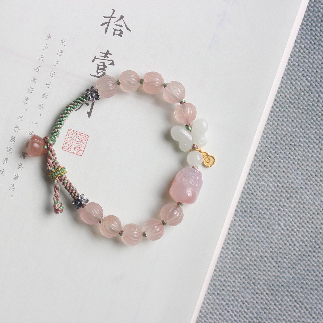 천연 남쪽 붉은 연꽃 구슬 HETIAN JADE BUTTERFLY  금도금 행운의 조롱박 마노 행운의 PIXIU와 땋은 로프 팔찌