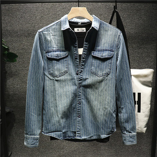 man复古怀旧超质感条纹美式 港风长袖 工装 男春季 衬衣服 牛仔衬衫