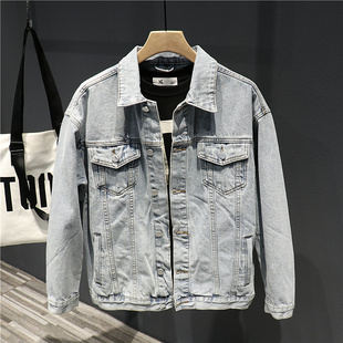 夹克潮 街头痞帅工装 man港味潮牌复古重洗水浅色牛仔外套男秋季