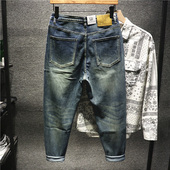 man美式 街头复古泛黄刮痕牛仔裤 男ins高街潮牌直筒大码 哈伦裤