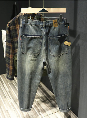 Hi man美式休闲简约锥形牛仔裤男秋季复古做旧水洗宽松长裤子潮牌