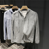 春秋季 卫衣潮 男ins潮流韩版 衬衫 man亚麻细条纹连帽长袖 t恤衫