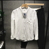 ins潮流帅气百搭棉麻外套 男士 man港风日系设计感条纹长袖 衬衫