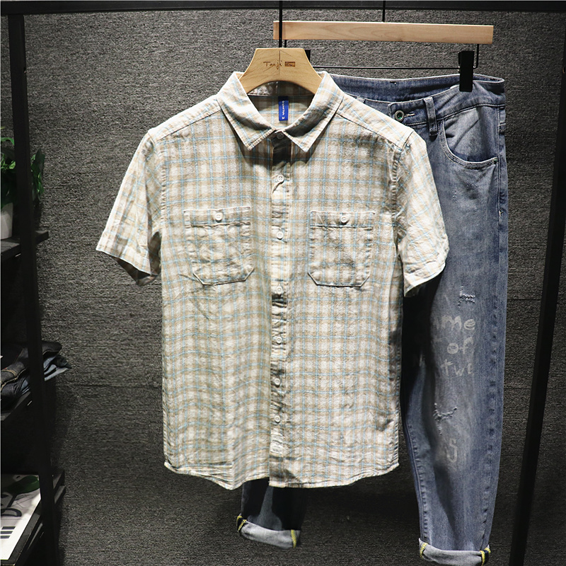 尖领短袖日系复古格子