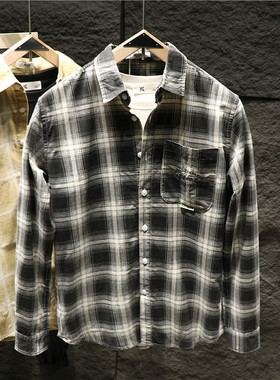 Hi man复古格子衬衫男春季韩版休闲百搭文艺上衣宽松长袖衬衣潮