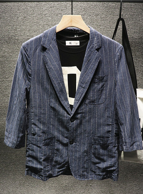 Hi man高品质推荐条纹复古西服外套男士韩版高端亚麻七分袖单西装