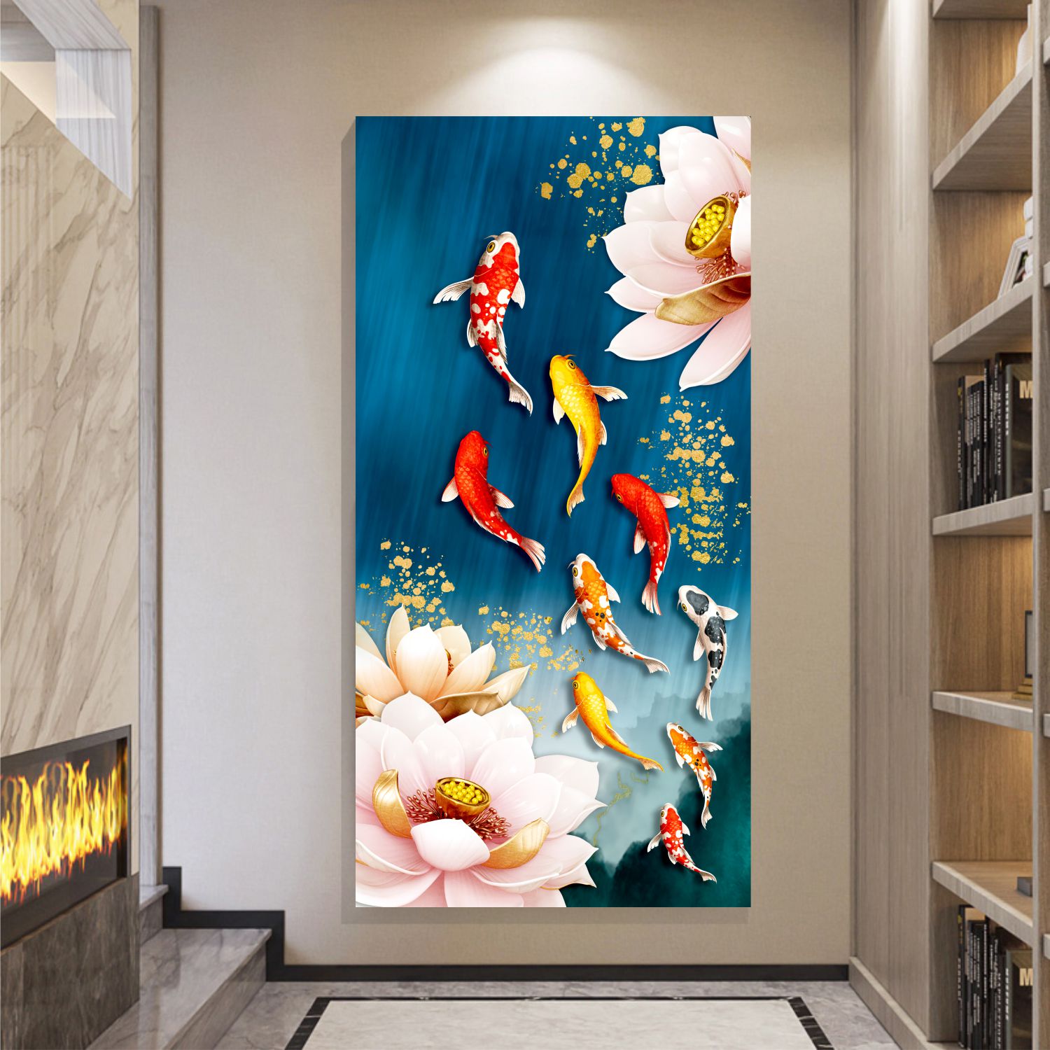 玄关装饰画九鱼图牡丹荷花聚财九鱼图客厅招财挂画吉祥九尾鱼图