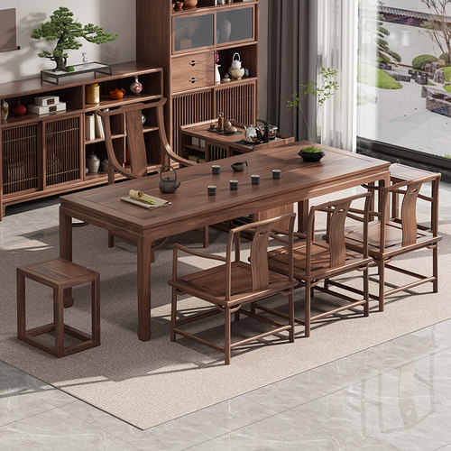 新中式乌金木实木茶桌椅组合办公室茶几套装一桌五椅功夫湿泡茶台