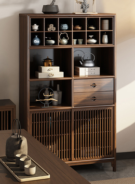 新中式乌金木多宝阁置物架博古架实木茶叶角柜展示柜收纳茶室边柜