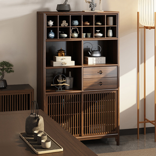 新中式乌金木多宝阁置物架博古架实木茶叶角柜展示柜收纳茶室边柜