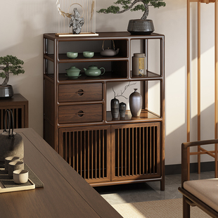 新中式博古架乌金木多宝阁置物架实木展示柜矮柜茶室边柜茶叶茶柜