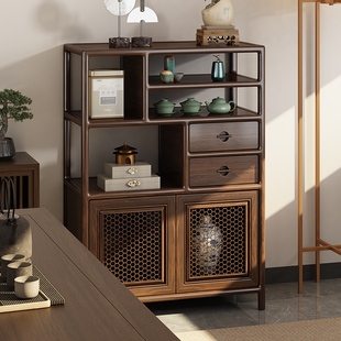 新中式博古架乌金木实木展示柜多宝阁置物架矮柜茶室边柜茶叶茶柜