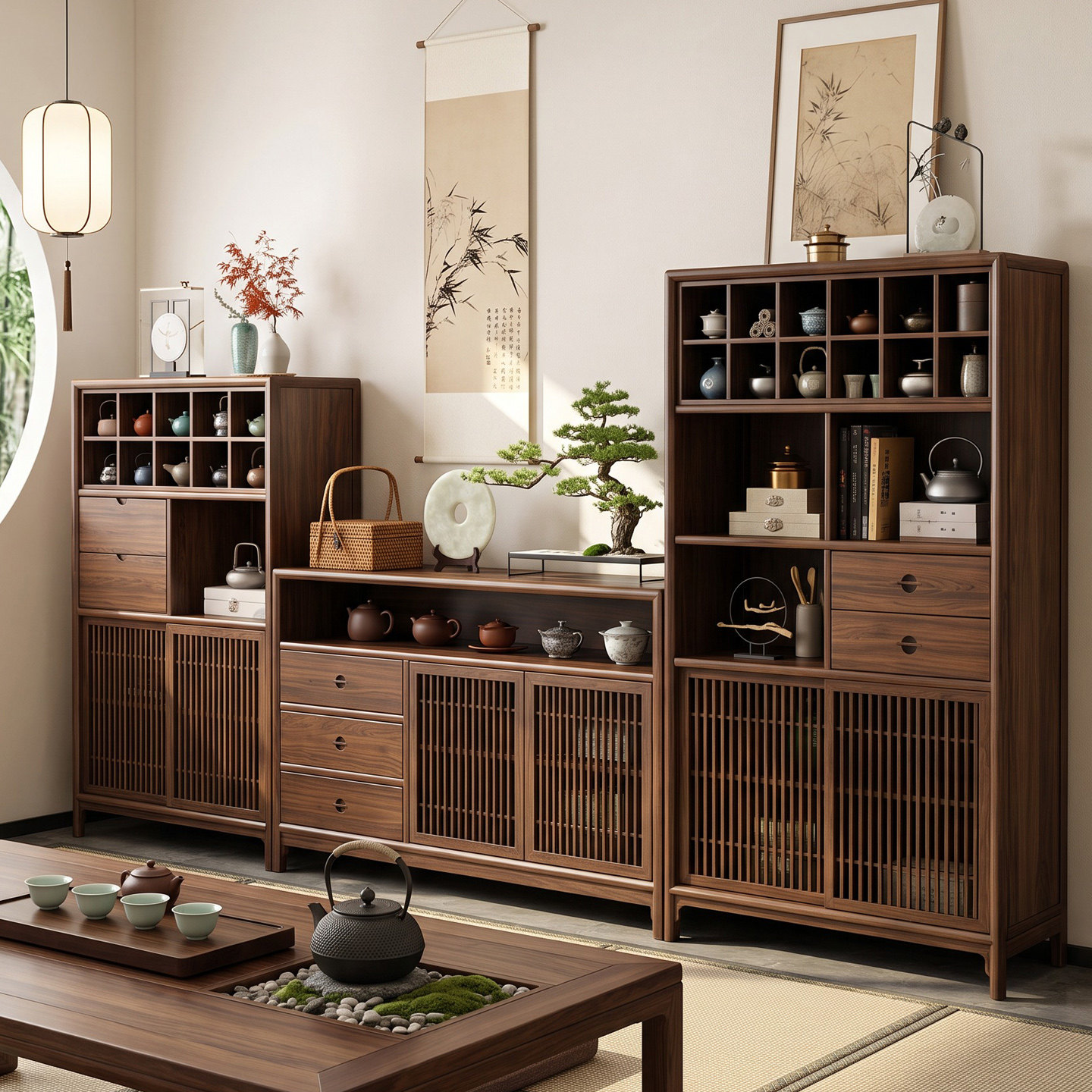 北美黑胡桃木餐边茶水柜隔断实木玄关柜新中式餐厅储物酒柜博古架