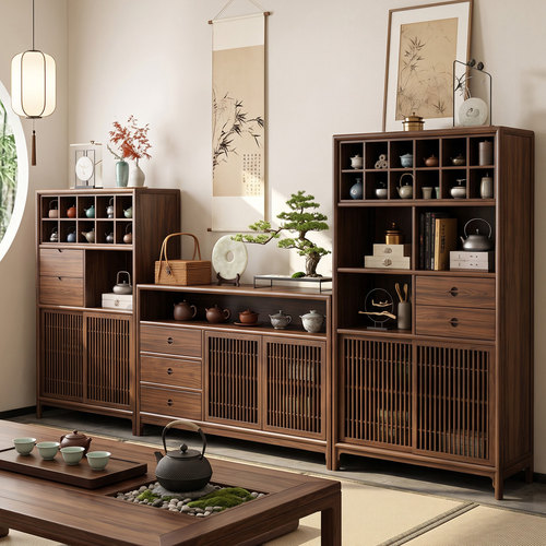 北美黑胡桃木餐边茶水柜隔断实木玄关柜新中式餐厅储物酒柜博古架