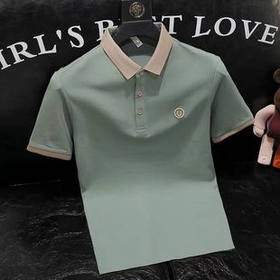 款 英伦男士 2023夏季 冰丝高端刺绣polo衫 撞色翻领t恤上衣 修身 短袖