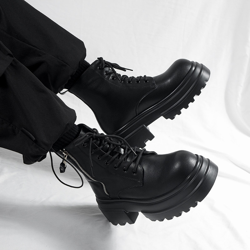 英伦风黑色马丁靴男高帮侧拉链工装机车靴春季厚底cos增高潮鞋子