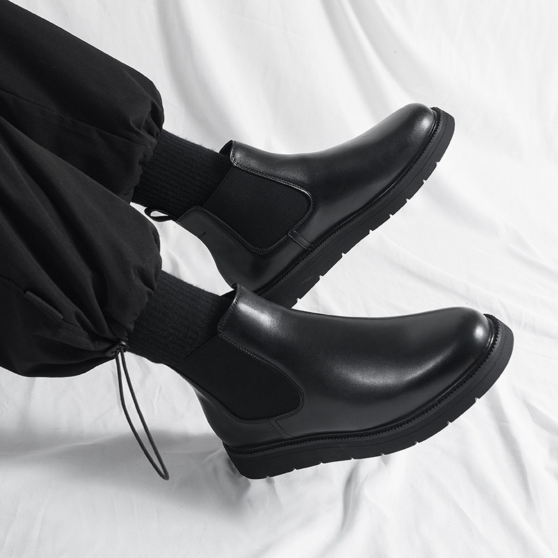 英伦风切尔西靴男款黑色高帮皮鞋春季增高百搭马丁靴男中帮短靴子