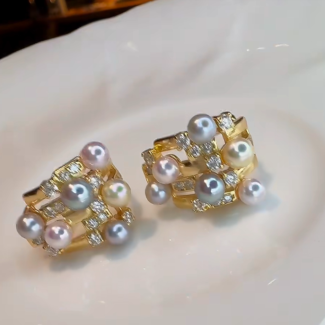 “花簇”彩虹akoya珍珠耳钉 4-5mm s925银 2355H00DY