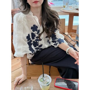 【年中清仓 只换不退】张羞羞  夏季通勤刺绣苎麻短袖防晒衬衫