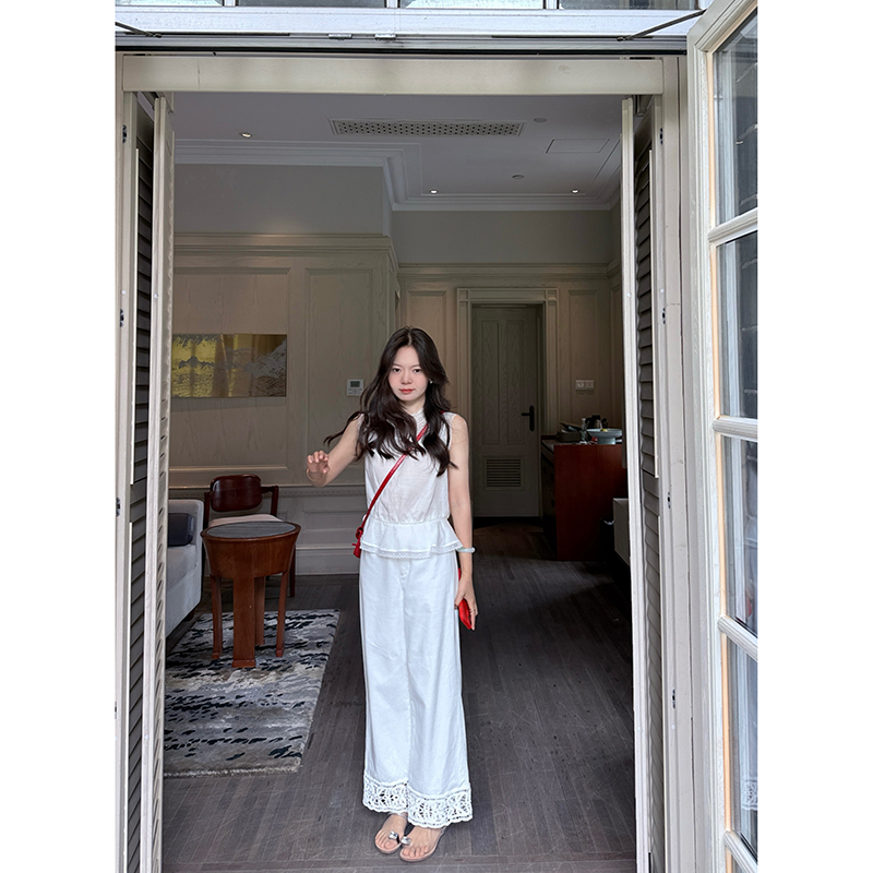 高腰法式长裤花边亚麻