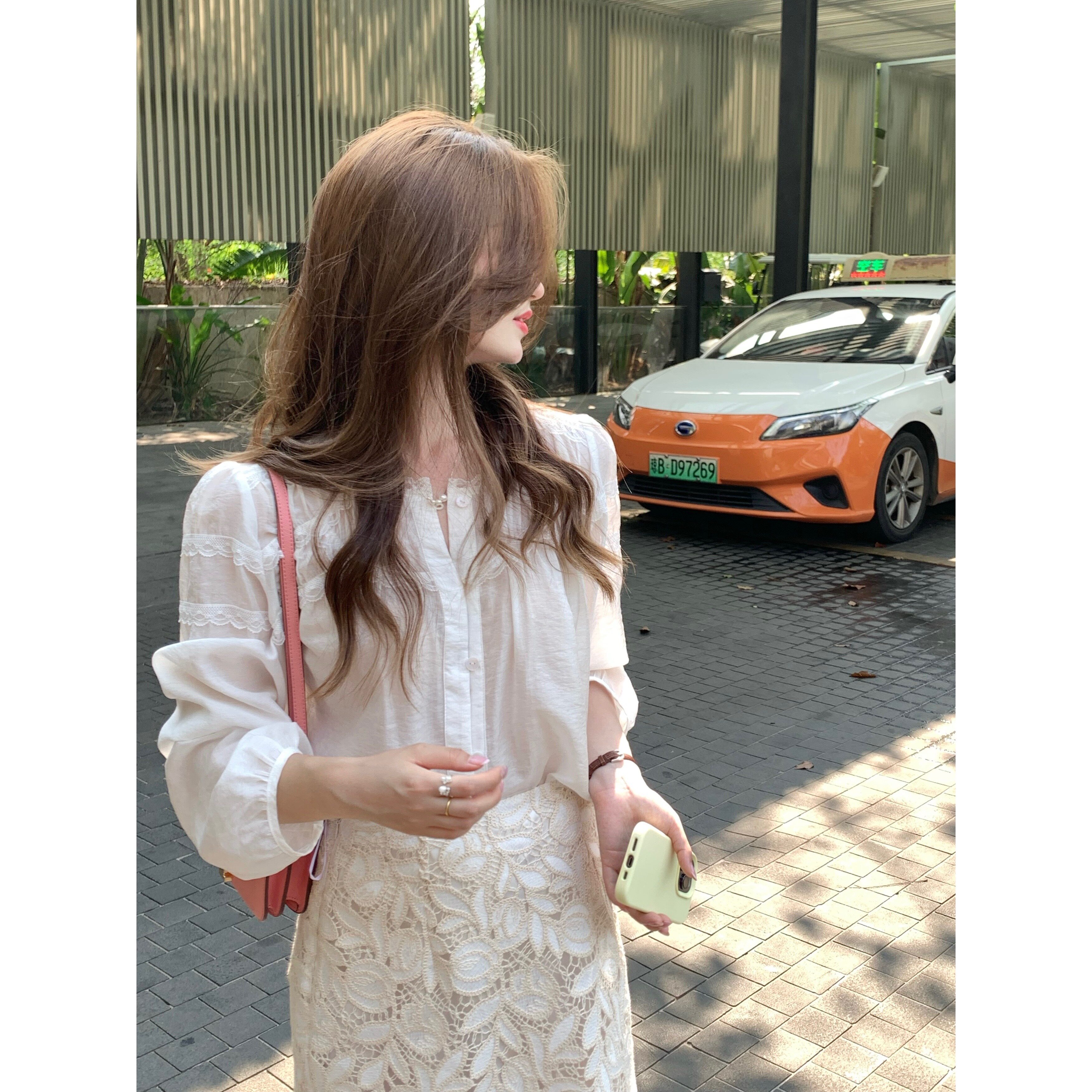张羞羞 四月槐香/天丝醋酸法式通勤蕾丝花边长袖法式通勤防晒衬衫